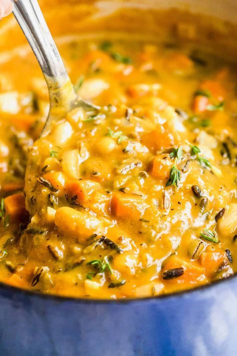 This nourishing pumpkin wild rice soup is the perfect way to cozy up on a chilly Fall evening! Chockfull of veggies, you will absolutely love this hearty soup! Fall Soup Vegetable, Hearty Vegan Soup Recipes, Good Fall Soups, Fall In Season Recipes, Pumpkin Spice Soup, Fall Vegan Soup Recipes, Fall Stew Recipes Vegetarian, Winter Soup Vegetarian, Cozy Crockpot Soup