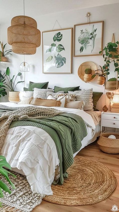 Boho Bedroom Without Headboard, Teen Girl Bedroom Ideas Boho, Natural Room Aesthetic, Botanical Bedroom Ideas, Woodsy Room, Room With White Furniture, Coloured Bedroom, Modern Home Decor Bedroom, Botanical Bedroom