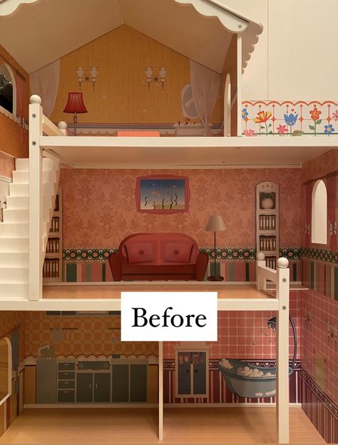 Dolls House Upcycle Ideas, Dolls House Painting Ideas, Wooden Dollhouse Makeover Diy, Redo Doll House, Barbie Dollhouse Makeover Diy, Kidkraft Barbie House Makeover, How To Redo A Dollhouse, Large Doll House Diy, Dolls House Restoration