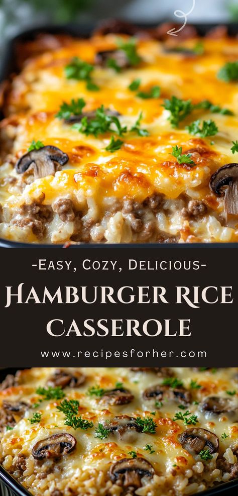 This ground beef and mushroom casserole is a rich and hearty meal you'll love. Combine it with rice and green beans for a comforting dish that's perfect for any night of the week. Quick to make and full of flavor! Cheesy Beef And Rice, Hamburger And Rice Recipes, Hamburger Hotdish, Rice And Green Beans, Hamburger Rice Casserole, Hamburger Rice, Hotdish Recipes, Baked Spaghetti Casserole, Hamburger Casseroles Recipes