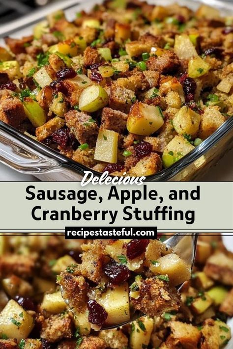 A delightful combination of savory sausage, sweet apples, and tangy cranberries, perfect for holiday meals or as a comforting side dish. Apple Cranberry Pecan Sausage Stuffing, Slow Roasted Italian Sausage Cranberry Apple Stuffing, Apple Sausage Cranberry Stuffing, Stuffing With Sausage Apples And Cranberries, Sausage Stuffing With Cranberries, Cranberry Sausage Apple Stuffing, Sausage Cranberry Apple Stuffing Thanksgiving Recipes, Sausage And Cranberry Stuffing Recipes, Stuffing Apples And Sausage