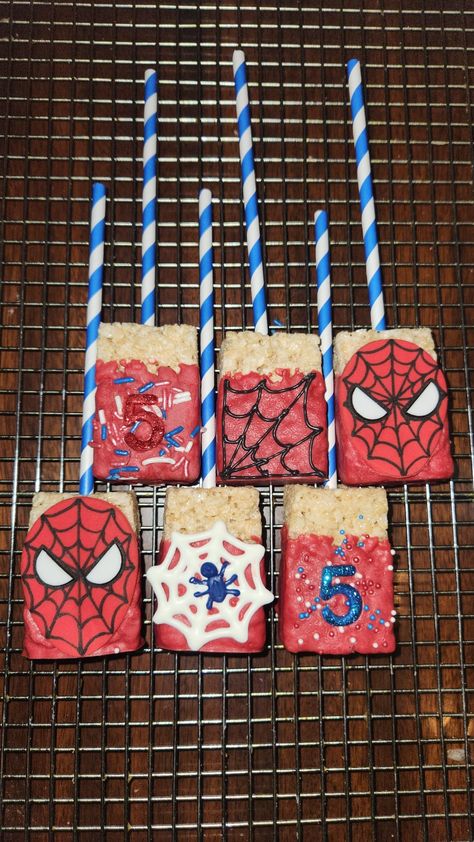 Spider Man Rice Crispy Treats, Spider Man Rice Krispies, Spiderman Food, Spidey Birthday Party, 4th Birthday Boy, Spidey Birthday, 4th Birthday Boys, Spider Man Birthday, Rice Crispy Treats