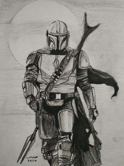 Pencil sketch of The Mandalorian. Charcoal pencils. Mandalorian Art, The Mandalorian, Bounty Hunter, Boba Fett, Pencil Sketch, The Star, Star Wars, Sketch, Pencil