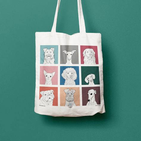 The image shows a white tote bag against a warm teal background.  The totebag has a 3 x 3 nine grid of digital illustrations - each of the head and shoulders of a different dog breed!  These are black and white, and set against a different brightly coloured box as their background. Arte Dachshund, Music Graphics, Cat Tote Bag, Dog Tote Bag, Dog Line, Dog Tote, Cats Tote Bag, A4 Prints, Cat Tote