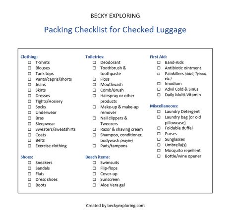 Packing Checklist for Checked luggage Checked Luggage Packing List, Checked Bag Packing List, How To Pack Checked Luggage, Luggage Size Guide, Suitcase Checklist, Luggage Packing List, Check In Luggage, Luggage Packing, Airplane Travel Essentials