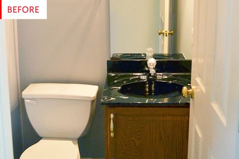 We're Still Not Over These Budget Bathroom Before & Afters Powder Room Before And After, Pinterest Apartment, Powder Room Reno, Build A Loft, Powder Room Redo, American Bathroom, Dark Paint Colors, Budget Bathroom Remodel, Traditional Bathrooms