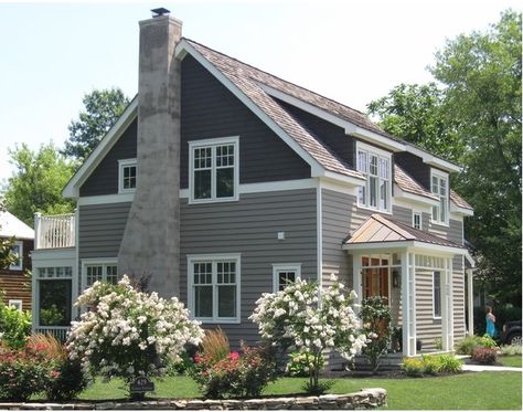 Horizontal cedar siding (the lighter color below) is Benjamin Moore HC-86 "Kingsport Grey" Aura Low Lustre. Shingle cedar siding (the darker color above) is Cabot Solid Color Stain "Spanish Moss". Wood trim (white) is Benjamin Moore Ext Low Lustre AF-30 "Deep In Thought" Gray And White Siding Exterior, Two Tone House Exterior, Two Tone Exterior House Colors, House Color Ideas, Blue Exterior House Colors, Grey Aura, Gray Houses, Grey Vinyl Siding, Siding House