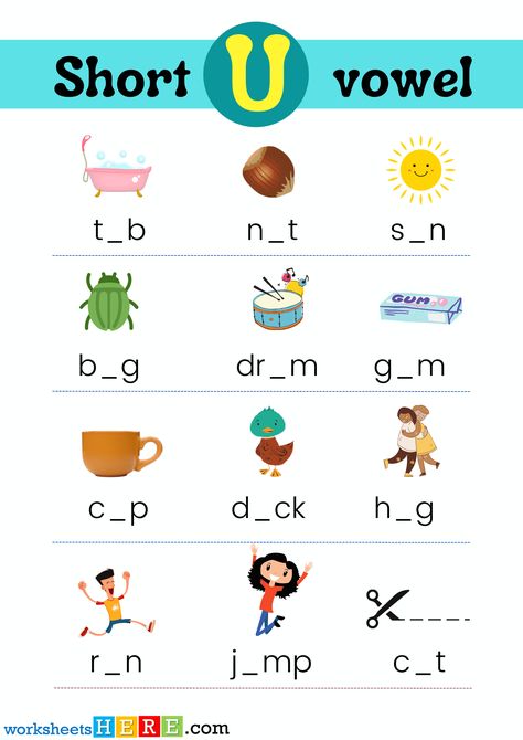 Find Missing Short Vowel U With Pictures PDF Worksheet For Kindergarten and Kids - WorksheetsHere.com Vowel U Worksheets, Lkg English Worksheet, Short U Worksheets, Vowels Kindergarten, Short Vowel Worksheets, Worksheet For Kindergarten, Vowel Worksheets, Kindergarten Worksheets Free Printables, Improve Your Vocabulary