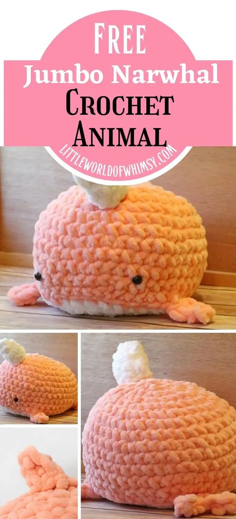 Jumbo Narwhal Free Crochet Pattern - Little World of Whimsy Yarn Animals, Easy Crochet Animals, Crochet Baby Toys, Crochet Animals Free Patterns, Beginner Crochet Projects, Crochet Amigurumi Free, Crochet Animal, Fun Crochet Projects, Quick Crochet