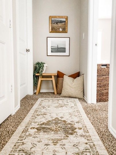 Carpeted Hallway Ideas, Carpet Apartment Ideas, Carpet Hallway Ideas, Carpeted Apartment Ideas, Rug On Top Of Carpet, End Of Hallway Ideas, Hallway Runners Ideas, Grey And White Hallway, End Of Hallway Decor