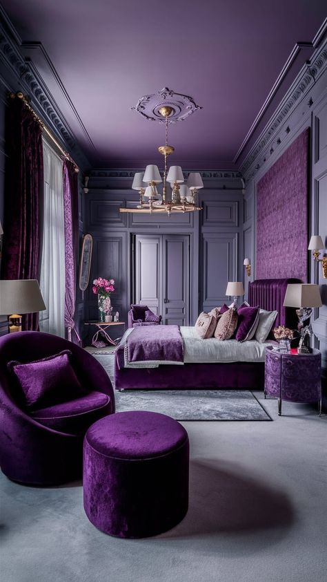 Purple Color Room Bedrooms, Purple Royal Bedroom, Moody Purple Bedroom, Black And Purple Bedroom, Purple Interior Design, Dark Palette, Purple Room, Bedroom Rustic, Fall Bedroom Decor