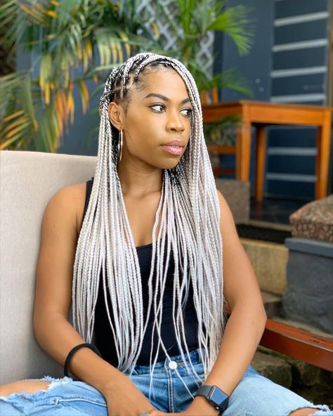 BoxBraids #KnotlessBraids Box Braids Knotless Braids #WhiteBoxBraids #WhiteKnotlessBoxBraids #WhiteKnotlessBraids Silver Box Braids Black Women, Silver Braids For Black Women, Knotless Braid Styles, Silver Braids, Grey Box Braids, Beyonce Concert, Knotless Braid, Braids Knotless, Hairstyles Pictures