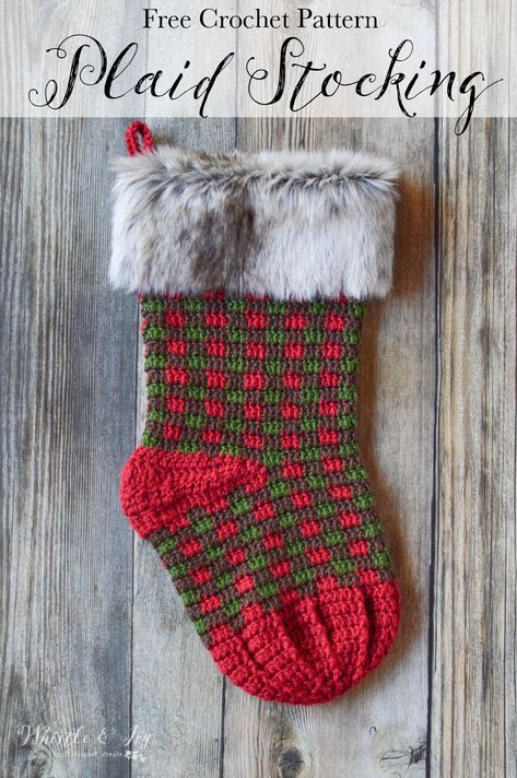 Crochet Plaid Stocking - Whistle and Ivy Mens Crochet, Crochet Plaid, Christmas Scent, Rustic Christmas Stocking, Crochet Purple, Plaid Stockings, Plaid Christmas Stockings, Plaid Crochet, Crochet Holiday