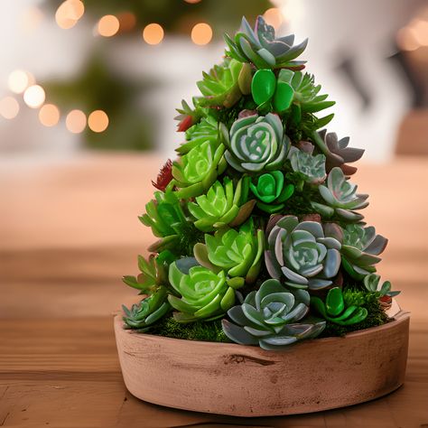 Succulent Christmas Centerpiece, Succulent Tree Christmas, Diy Succulent Christmas Tree, How To Make A Succulent Christmas Tree, Christmas Succulents Gift, Cactus Christmas Decor, Fall Succulent Arrangements, Succulent Christmas Tree Diy, Succulent Christmas Decorations