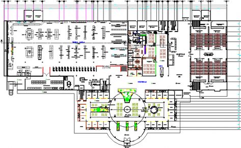 Architecture layout plan with shopping mall with plaza dwg file. Architecture layout plan with shopping mall with plaza that includes a detailed view of green area, garden view, tree view, main entry and exit gate, elevators and staircase, shops and showrooms, cafeteria, branded shops, education center, fun zone, chocolate room, departmental stores, food stores, fun points and much more of shopping mall project. Mall Project Architecture, Mall Plan Architecture Shopping Center, Shopping Complex Plan, Shopping Mall Plan, Architecture Layout Plan, Shopping Center Architecture, Mall Architecture, Mall Ideas, Architecture Layout