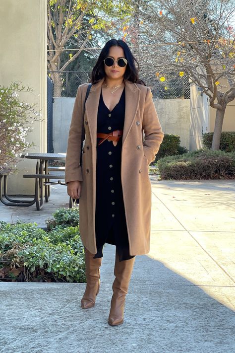 How to Wear Sweater Dresses for Fall & Winter Button Down Sweater Dress Outfit, Shirtdress Styling Outfit Winter, How To Style A Sweater Dress, Button Up Dress Outfit, Sweater Dress Belt, Sweater Dresses For Fall, Sweater Dress Outfit Fall, Sweater Over Dress, Dresses For Fall