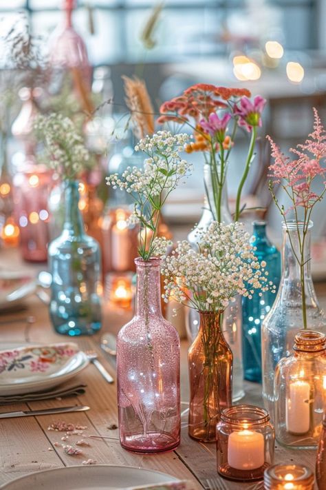 Simple Wedding Arrangements, Wedding Jars Centerpieces, Diy Table Arrangements, Vintage Glass Centerpieces, Mrs And Mrs Wedding Ideas, Simple Wedding Table Set Up, Wildflower Table Setting Wedding, Diy Wedding Table Settings, Diy Table Settings Wedding