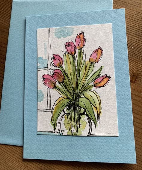 Impressionism Art Flower Easy, Easy Watercolour Card, Watercolor Cards Ideas Birthday, Watercolour Birthday Cards, Watercolor Art Cards, Tulip Cards, Tulip Card, Tulip Watercolor, Tulips Card