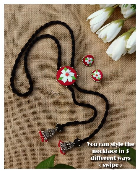 Fabric Necklace Diy, Clay Jewellery Handmade, Long Neckpiece, Navratri Ideas, Unconventional Jewelry, Diy Necklace Designs, Navratri Jewellery, Kutchi Work, Necklace Embroidery