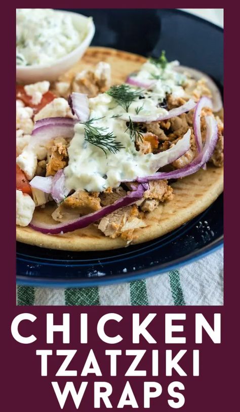 Oven-roasted Greek chicken is carved and loaded into a flatbread pita with homemade tzatziki sauce, feta cheese, red onion, and tomatoes. #recipe #chicken #tzatziki #cucumber #greek #gyro #wrap #flatbread #pita #sandwich Chicken Tzatziki, Gyro Wrap, Greek Lemon Potatoes, Flexitarian Recipes, Tzatziki Sauce Recipe, Homemade Tzatziki Sauce, Tzatziki Recipes, Chicken Pita, Greek Chicken Recipes