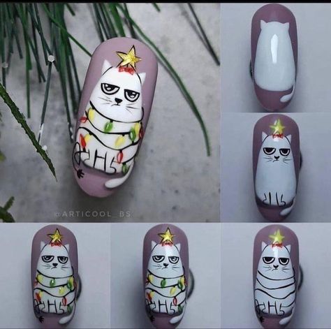 Christmas Cat Nail Art, Cat Christmas Nails, Christmas Cat Nails, Cristhmas Nails, Chrostmas Nails, Cat Nails Design, Nails Design Christmas, Cat Nail Designs, Cat Nail Art