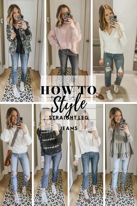 How to Style Straight Leg Jeans - Wishes & Reality #momstyle #easyoutfits #transitionalspringoutfits Jeans And Sneakers Outfit, Style Straight Leg Jeans, Straight Jeans Outfit, Straight Leg Jeans Outfits, Legs Outfit, Jeans Outfit Winter, Jeans Outfit Fall, Jeans Outfit Summer, Jeans Outfit Casual