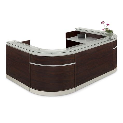 Esquire Glass Top Compact U-Shaped Reception Desk | National Business Furniture | #receptiondesk #receptionstation Small Storage Shelves, Curved Reception Desk, Waiting Room Design, Contemporary Office Furniture, Glass Countertop, Curved Desk, Reception Desk Counter, Modern Reception Desk, Reception Desk Office