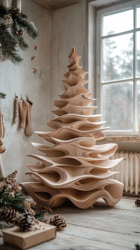 10 Creative Alternative Christmas Tree Ideas for a Unique, Eco-Friendly Holiday — Living Bright Interiors Diy Christmas Decor Ideas For The Home, Christmas Outside Decorations, Minimalistic Christmas Tree, Cardboard Trees, Alternative Christmas Tree Ideas, Armature Sculpture, Christmas Tree Minimalist, Black Xmas Tree, Minimalist Christmas Decor Ideas