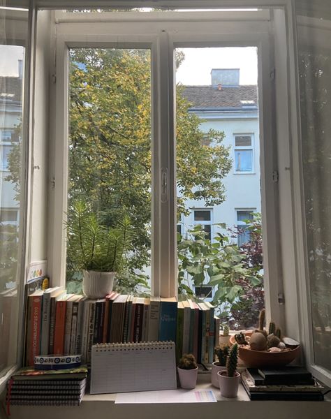 Bookshelf Below Window, Window Bookshelf Ideas, Bookshelf By Window, Books In Window Sill, Large Window Sill Decor, Books On Windowsill, Windowsill Decor Aesthetic, Books Windowsill, Apartment Window Aesthetic