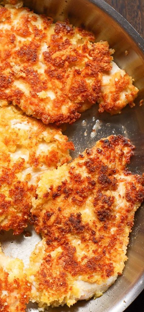 Parmesan Crusted Chicken Cast Iron Skillet, Parmesan Crusted Chicken Pan Fried, Parmesan Crusted Chicken Salad, Chicken In Frying Pan, Panko Crusted Chicken Fried, Healthy Pan Fried Chicken, Crispy Skillet Chicken, Fried Chicken And Pasta Recipes, Paneed Chicken Recipes