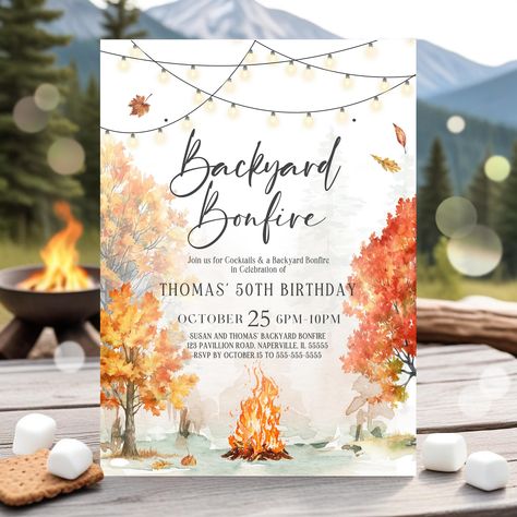 These editable backyard bonfire invitations have a fun, cozy vibe perfect for any casual gathering like birthdays, graduations, retirement parties, celebrating milestones or a fun smores party with it's laid-back yet festive aesthetic, making it ideal for a fun outdoor night with friends and family. Love! Love! Love! 🔥 VIEW THE COLLECTION: https://www.etsy.com/shop/ThePrintableOccasion?%20search_query=BF2 #fallinvitations #bonfireseason #BonfireFun #bonfirenight #Bonfire2024 #smores #smores... Fall Birthday Party Invitations, Fall Outdoor Birthday Party, Bonfire Invitations, Fall Bonfire Party, Bonfire Party Ideas, Bonfire Party Invitations, Bonfire Birthday Party, Bonfire Birthday, Outdoor Birthday Party