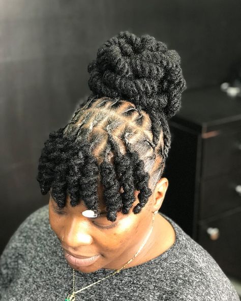 Loc Bun With Bangs, Microlocs Updo, Women Loc Styles, Loc Crown, Bun With Bangs, Loc Bun, Natural Hair Salon, Loc Updo, Dread Styles