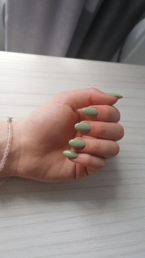 sage green almond nails inspo Almond Acrylic Nails Sage Green, Safe Green Almond Nails, Sage Green Natural Nails, Seige Green Nails, Summer Nails 2024 Solid Color, Green Spring Nails Almond, Sage Almond Nails, Sage Green Acrylics, Sage Green Dip Nails