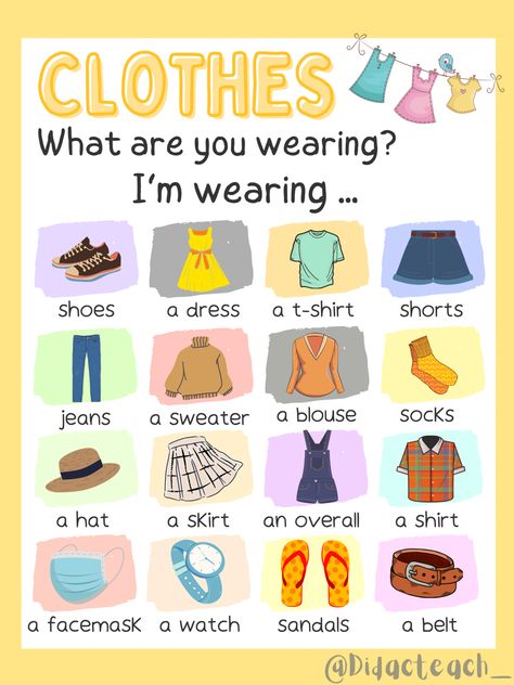 Clothes, vocabulary, English, material, teaching, classroom, digital, Colors, kids, elementary, school. Clothes In English Vocabulary, Clothes English Vocabulary, Vocabulary Clothes, Clothes Worksheet, Clothes Words, English Clothes, English Conversation Learning, Learn Spanish Online, Preschool Lesson Plan