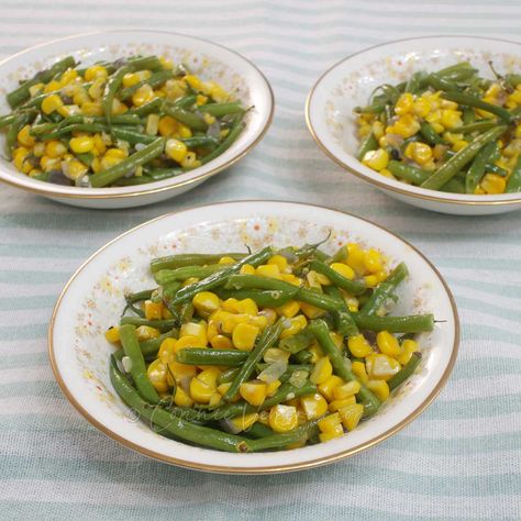 Green Beans Corn And Potatoes, Green Beans And Corn Recipes, Green Beans And Corn Side Dishes, Green Bean And Corn Recipes, Goulash With Corn, Green Beans And Corn, Corn And Green Beans, Thanksgiving Corn, Leftover Green Beans