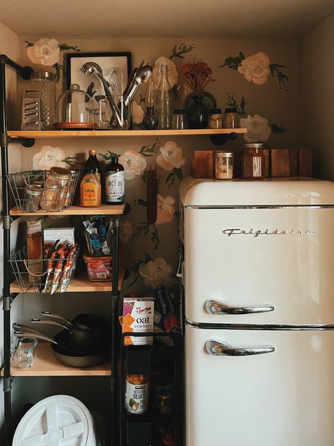 Vintage Kitchen Fridge, Old Fashioned Fridge, Vintage Style Fridge, Vintage Refrigerator Kitchen, Vintage Fridge Aesthetic, Vintage Fridge In Kitchen, Painted Faux Wallpaper, Fridge In Pantry, Retro Fridge Kitchen