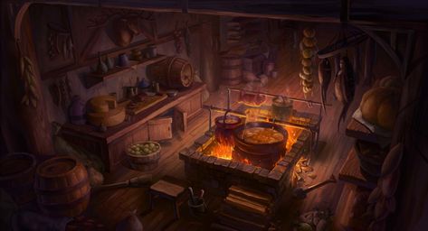 ArtStation - Medieval kitchen, Heewon Jang Taverna Medieval, Medieval Kitchen, Fantasy Shop, Fireplace Art, Fantasy Rooms, Turn To Stone, Fantasy Background, Location Inspiration, Japanese Kitchen