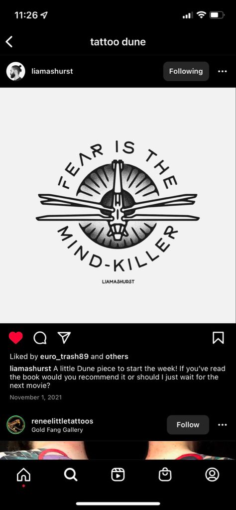 Fear Is The Mind Killer, Fear Is The Mind Killer Tattoo, Dune Tattoo Ideas, Dune Tattoo, Gold Fangs, Body Mods, Future Tattoos, Small Tattoos, Body Art