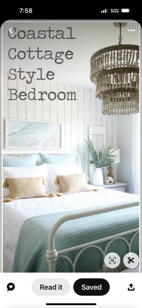 White Coastal Guest Bedroom, Small Coastal Bedroom Decorating, Beach Guest Room Decor, Beach Farmhouse Bedroom Ideas, Coastal Living Bedroom Ideas, Beach Feel Bedroom, Coastal Shabby Chic Bedroom, Teal Coastal Bedroom, Sage Coastal Bedroom