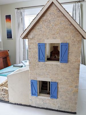 French stone cottage dollhouse to date ~ miniatures by auralea Dollhouse Stone Exterior Diy, White Doll House, Dollhouse Cottage, French Doll House, Cottage Dollhouse, Diy Exterior, Terracotta Roof, Dolls Houses, White Cottage