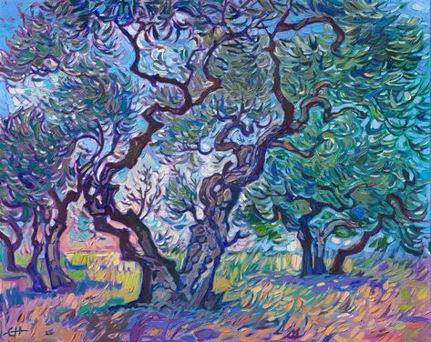 Impressionist oil painting inspired by van Gogh's olive trees. Van Gogh Trees, Van Gogh Inspired Art, Pretty Paintings, Abstract Impressionism, Background Painting, Erin Hanson, Contemporary Impressionism, Olive Grove, Shop Artwork