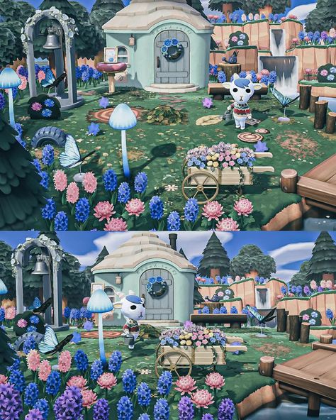 Pink House Exterior, Backyard Landscape Ideas, Fairy Island, Blue Cottagecore, Rainbow Island, Pink Island, Acnh Cottagecore, Animal Crossing 3ds, Animals Crossing