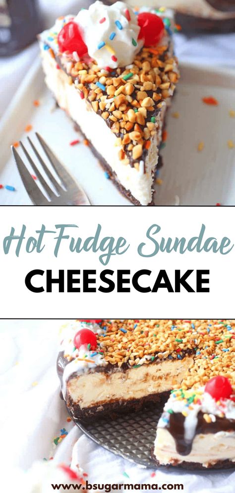 Craving a sweet escape? Dive into a mouthwatering Hot Fudge Sundae Cheesecake – a blend of creamy cheesecake, brownie crust, and all your favorite sundae toppings. Irresistibly delicious! Hot Fudge Sundae Cheesecake, Hot Fudge Sundae Brownie Cheesecake, Simple Cheesecake Recipe, Brownie Crust, Sundae Toppings, Hot Fudge Sundae, Fudge Sundae, Chicory Recipe, Cheesecake Brownie