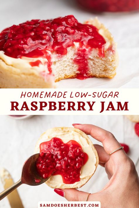 Low Sugar Raspberry Jam, Low Sugar Jam Recipes, Dairy Free Breakfast Recipes, Homemade Raspberry Jam, Raspberry Jam Recipe, Healthy Plant Based Recipes, Dairy Free Breakfasts, Recipe Breakfast, Low Sugar Recipes