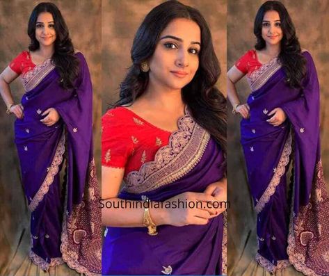 Vidya Balan wore a violet embellished saree teamed up with a red blouse by Anamika Khanna. Mission Mangal Promotions, Vidya Balan Saree look, Anamika Khanna saree Purple And Red Saree Blouse Combination, Violet Colour Combination Sarees, Brinjal Colour Saree Contrast Blouse, Dark Purple Saree Contrast Blouse, Violet Colour Saree Contrast Blouse, Voilet Saree Combination Blouse, Violet Saree Blouse Combination, Violet Saree Contrast Blouse, Vidya Balan Saree Blouse