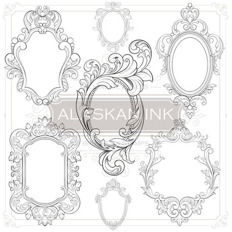 The BAROQUE FRAMES SET - Volume 1 | 48 LineWork Frame Stencil BrushStamps for Neo-Traditional Tattoos INCLUDED IN THE ULTIMA PACK VOL.1 Product Details: 48 Frame Stencil BrushStamps in LineWork style Procreate Tattoo Brush Set (.brushset file) Commercial License Product Description: Step into the world of timeless elegance with "The New BAROQUE FRAMES SET - Volume 1." Embodying the essence of the Neo-Traditional Tattoo Style, these frames exude royalty and sumptuousness with their intricate volu Filigree Frame Design, Art Nouveau Frame Tattoo, Neo Traditional Filigree, Antique Frame Tattoo Design, Illustrated Picture Frames, Neo Traditional Mirror Tattoo, Elegant Frame Design, Ornate Frame Illustration, Baroque Frame Illustration