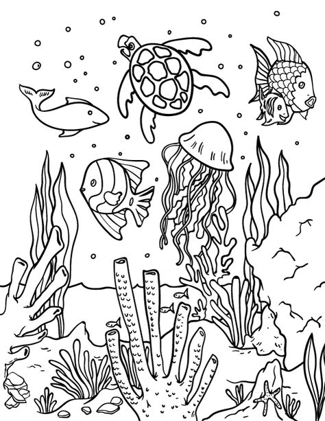 Free printable ocean coloring page. Download it from https://museprintables.com/download/coloring-page/ocean/ Mandala Animals, Ocean Coloring Pages, Fish Coloring, Fish Coloring Page, Underwater Scene, Ocean Kids, Summer Coloring Pages, Detailed Coloring Pages, Sea Colour