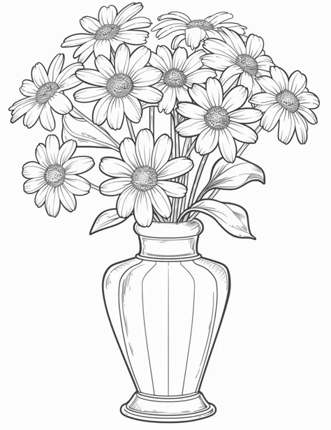 Midjourney AI Image: adult coloring book, a vase of daisy flowers, low detail, no shading, --ar 17:22 → more in ai-img-gen.com Flower Vase Doodle, Flower Vases Drawing, Flowers Bouquet Drawing, Daisies In A Vase, Vases Drawing, Flower Pot Drawing, Flower Vase Drawing, Vase Drawing, Bouquet Of Daisies