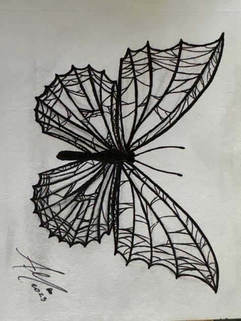 Butterfly With Spider Web Wings Tattoo, Cobweb Butterfly Tattoo, Butterfly Spider Web Tattoo, Spiderweb And Butterfly Tattoo, Asymmetrical Drawing Ideas, Spider Web Rib Tattoo, Goth Butterfly Drawing, Gothic Butterfly Drawing, Butterfly Wing Tattoo Designs