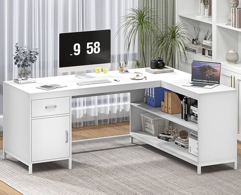 Amazon.com: TVU L Shaped Computer Desk with Drawer & File Cabinet, 61" Corner Desk with 2 Storage Shelves, Writing Desk with Large Storage for Home Office : Home & Kitchen White L Desk, Small L Shaped Desk, L Shaped Office, L Shaped Computer Desk, L Shaped Office Desk, Desk Gaming, Desk With Drawer, L Shape Desk, Desk Writing